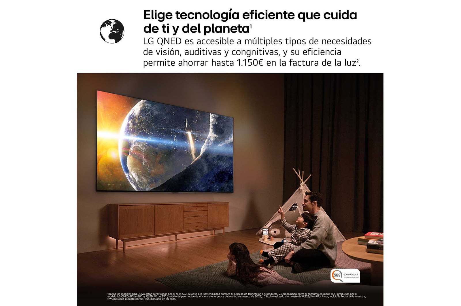 Una niña y un perro están sentados frente a un televisor LG QNED TV montado en una pared con una barra de sonido LG Soundbar. En pantalla muestra a tres elefantes caminando hacia adelante. El título hace referencia a cómo cada acción es más emocionante en una pantalla gigante.
