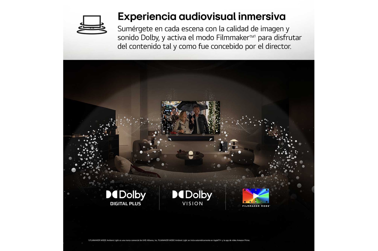AI Magic Remote de LG en primer plano. El icono del botón AI está resaltado. En el fondo aparece la interfaz de usuario de webOS de LG. El cursor del ratón implica que se está usando el mando a distancia. El texto explica cómo las funciones del mando a distancia y los controles hacen que la navegación en webOS sea más sencilla.