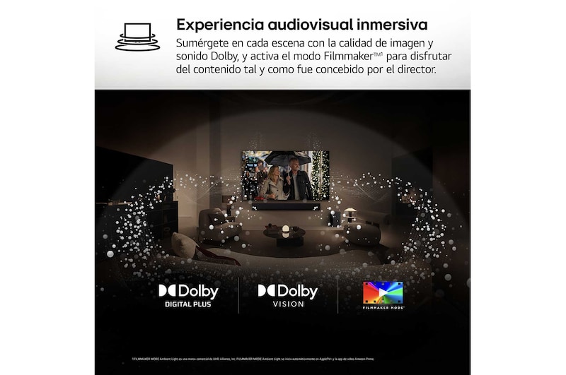 AI Magic Remote de LG en primer plano. El icono del botón AI está resaltado. En el fondo aparece la interfaz de usuario de webOS de LG. El cursor del ratón implica que se está usando el mando a distancia. El texto explica cómo las funciones del mando a distancia y los controles hacen que la navegación en webOS sea más sencilla.