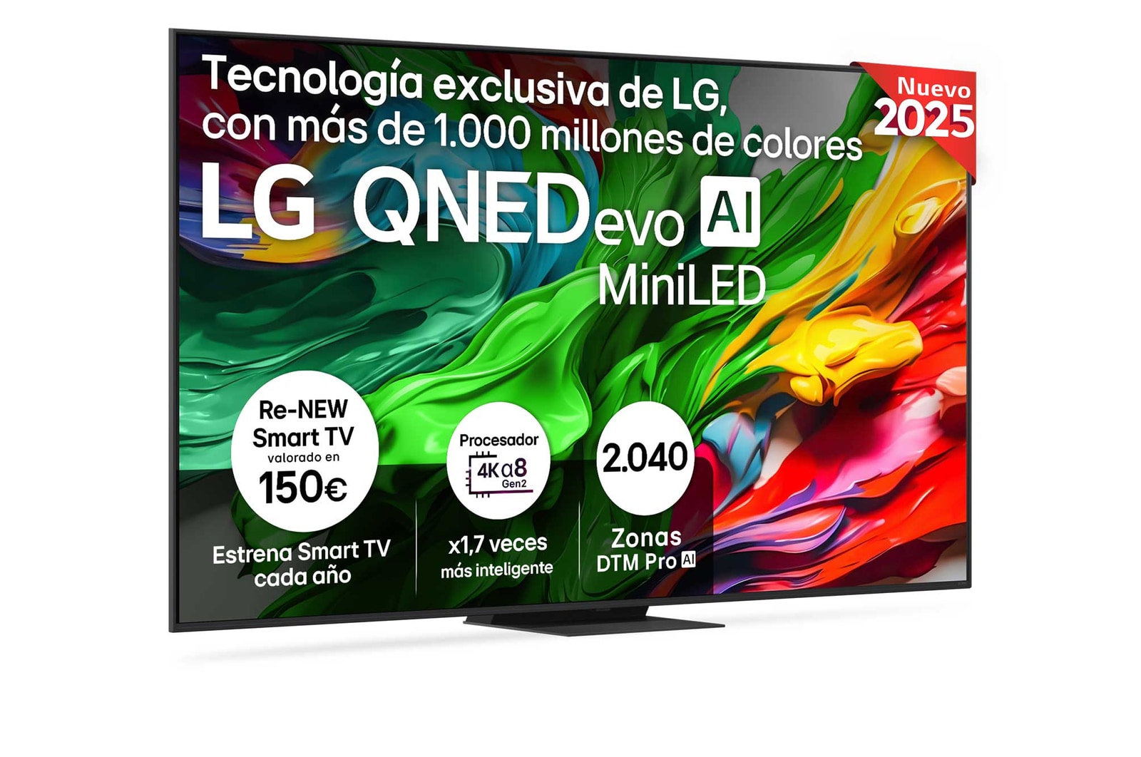 Vista lateral ligeramente inclinada hacia la derecha del televisor LG QNED evo