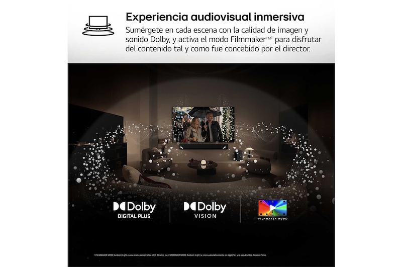 AI Magic Remote de LG en primer plano. El icono del botón AI está resaltado. En el fondo aparece la interfaz de usuario de webOS de LG. El cursor del ratón implica que se está usando el mando a distancia. El texto explica cómo las funciones del mando a distancia y los controles hacen que la navegación en webOS sea más sencilla.