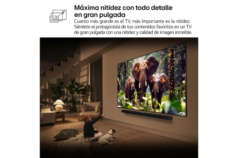 Una niña y un perro están sentados frente a un televisor LG QNED TV montado en una pared con una barra de sonido LG Soundbar. En pantalla muestra a tres elefantes caminando hacia adelante. El título hace referencia a cómo cada acción es más emocionante en una pantalla gigante.