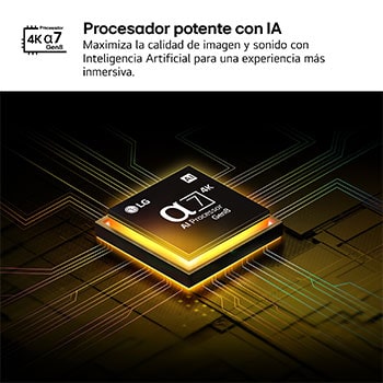 El procesador alpha 8 AI Processor Gen2 se enciende y emite destellos de luz naranjas y rosas. El título hace referencia a la calidad 4K, al color y al increíble brillo que el procesador ofrece. En el texto de la imagen se puede leer “aproximadamente procesamiento neuronal de la IA 1,7 veces mayor que la NPU y 1,4 veces más rápido que la CPU”.