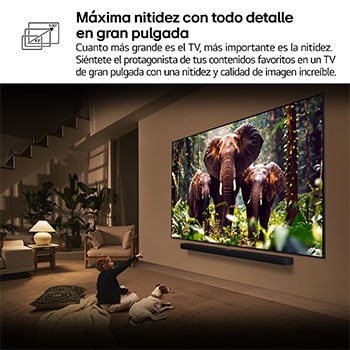 Una niña y un perro están sentados frente a un televisor LG QNED TV montado en una pared con una barra de sonido LG Soundbar. En pantalla muestra a tres elefantes caminando hacia adelante. El título hace referencia a cómo cada acción es más emocionante en una pantalla gigante.