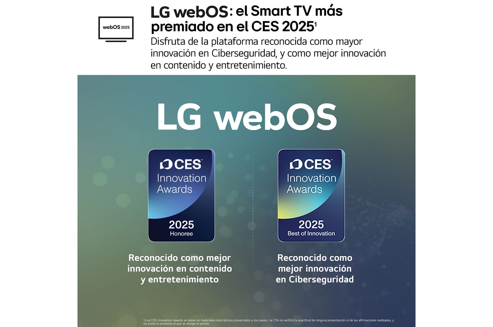 La imagen de un paisaje con una cueva desde la que se ve un cielo azul claro está dividida por la mitad. Una de las mitades está descolorida y la otra tiene un contraste muy marcado. En la parte inferior izquierda hay una pequeña imagen de cómo se colocan las luces LED convencionales y a la derecha hay una pequeña imagen de cómo se colocan de forma más compleja las luces de LG. El título hace referencia a cómo la tecnología Precision Dimming proporciona una imagen más nítida.