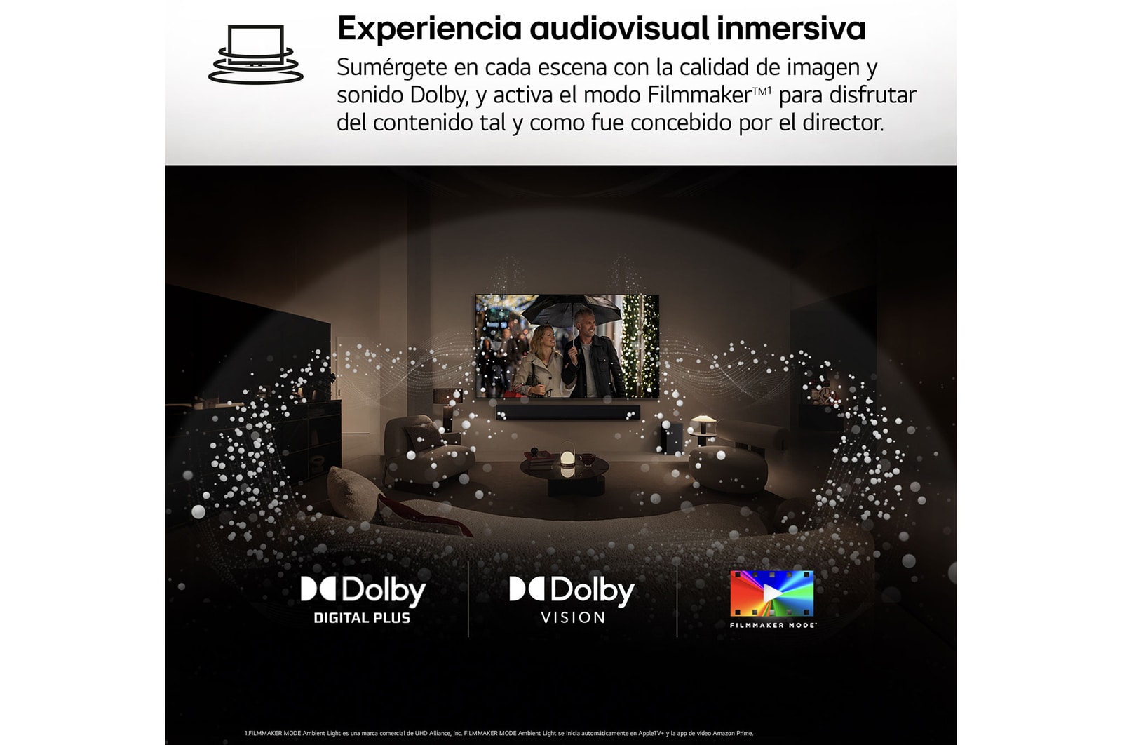AI Magic Remote de LG en primer plano. El icono del botón AI está resaltado. En el fondo aparece la interfaz de usuario de webOS de LG. El cursor del ratón implica que se está usando el mando a distancia. El texto explica cómo las funciones del mando a distancia y los controles hacen que la navegación en webOS sea más sencilla.