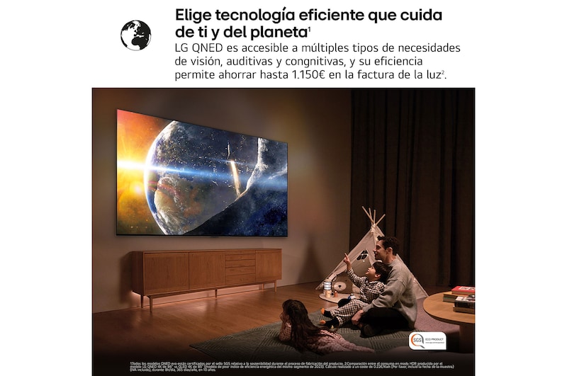 Una niña y un perro están sentados frente a un televisor LG QNED TV montado en una pared con una barra de sonido LG Soundbar. En pantalla muestra a tres elefantes caminando hacia adelante. El título hace referencia a cómo cada acción es más emocionante en una pantalla gigante.