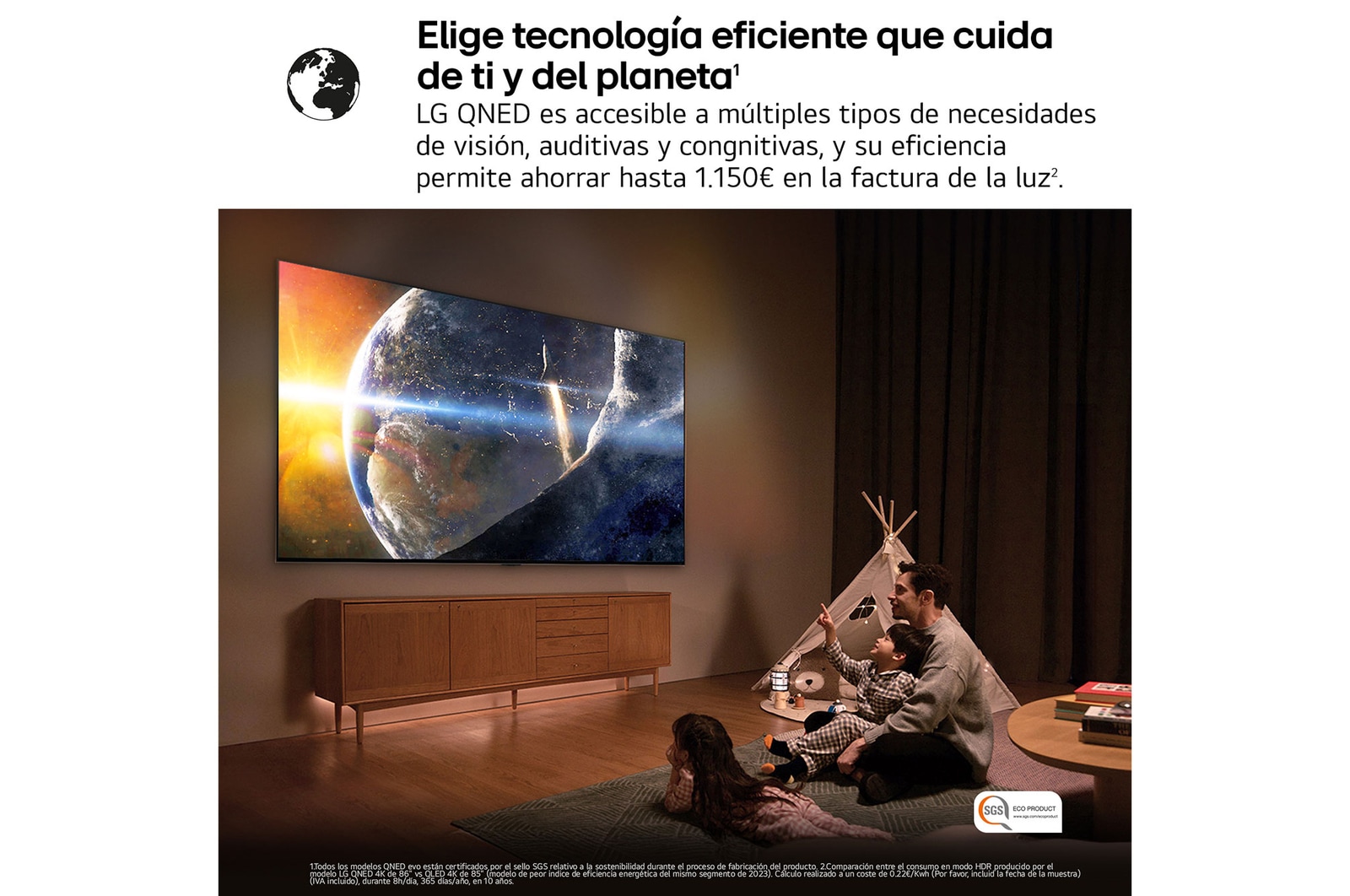 Una niña y un perro están sentados frente a un televisor LG QNED TV montado en una pared con una barra de sonido LG Soundbar. En pantalla muestra a tres elefantes caminando hacia adelante. El título hace referencia a cómo cada acción es más emocionante en una pantalla gigante.