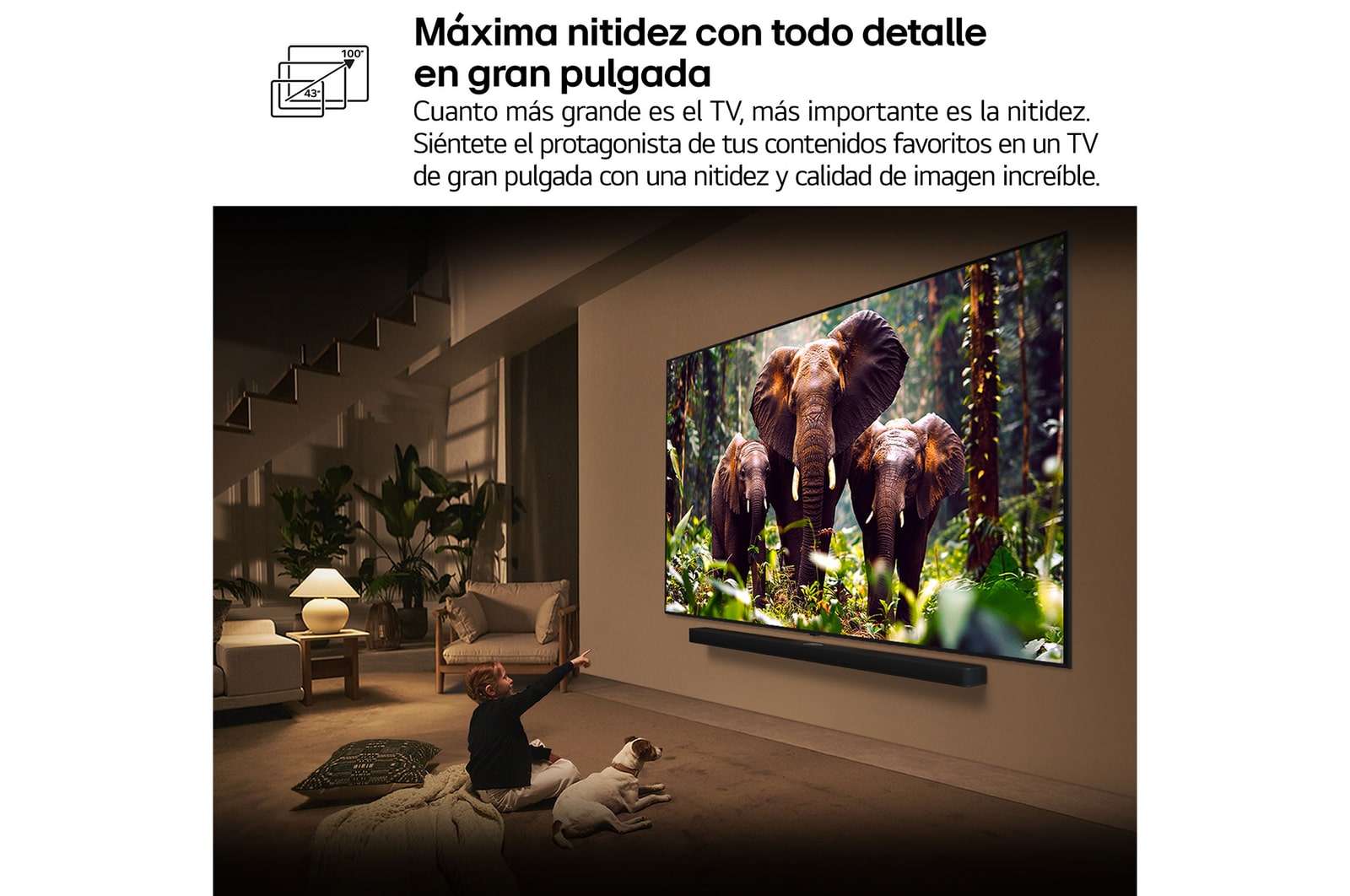 Una niña y un perro están sentados frente a un televisor LG QNED TV montado en una pared con una barra de sonido LG Soundbar. En pantalla muestra a tres elefantes caminando hacia adelante. El título hace referencia a cómo cada acción es más emocionante en una pantalla gigante.