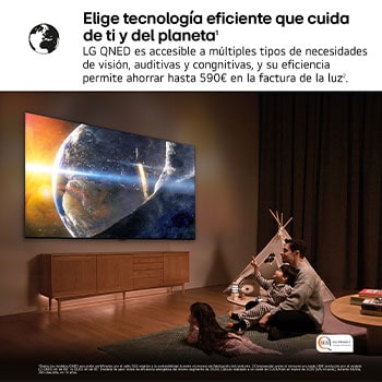A family sits on a couch facing a LG QNED TV mounted on a wall above a LG Soundbar with a little girl pointing to a screen depicting two dolphins. The title talks about how every action is more thrilling on a massive screen.