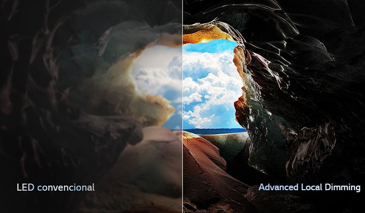 Perspectiva desde el interior de una cueva mirando hacia su entrada donde se ve un cielo azul y el horizonte. Toda la escena se divide por la mitad para mostrar la capacidad de la atenuación local avanzada de QNED. Por un lado, los colores y los detalles están desvaídos y las imágenes parecen confusas. La etiqueta dice LED convencional. En la otra cara, los negros son excelentes y el contraste, el brillo y el color son mejores. La etiqueta dice Advanced Local Dimming.