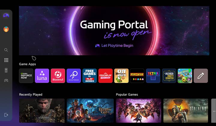 Pantalla de inicio del portal de juegos. El cursor se mueve y hace clic para mostrar muchos títulos de juegos populares, y la función añadida de poder seleccionar juegos en función del tipo de mando que tengas, ya sea un game pad o el mando a distancia.