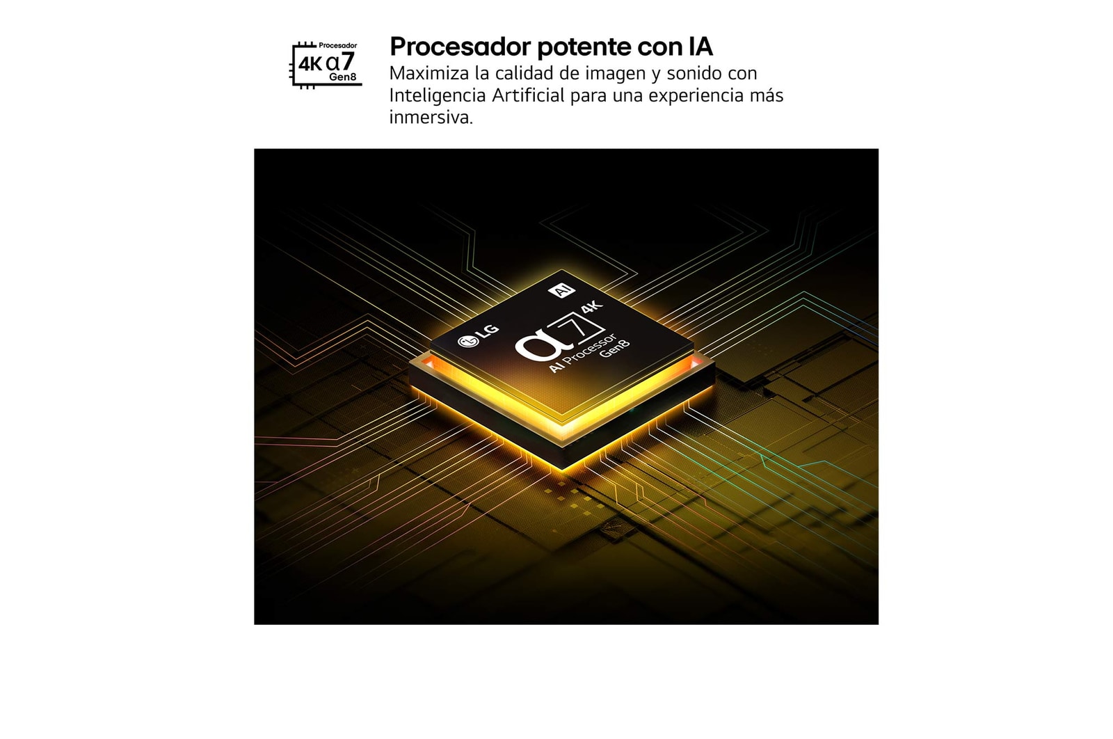 The alpha 7 AI Processor Gen8 lights up yellow and colorful bolts of light shoot out from it. The title talks about how the processor delivers 4K quality, stunning color and brightness.