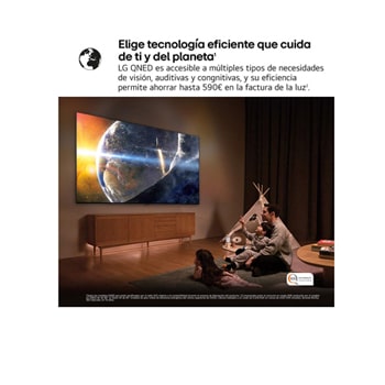 A family sits on a couch facing a LG QNED TV mounted on a wall above a LG Soundbar with a little girl pointing to a screen depicting two dolphins. The title talks about how every action is more thrilling on a massive screen.