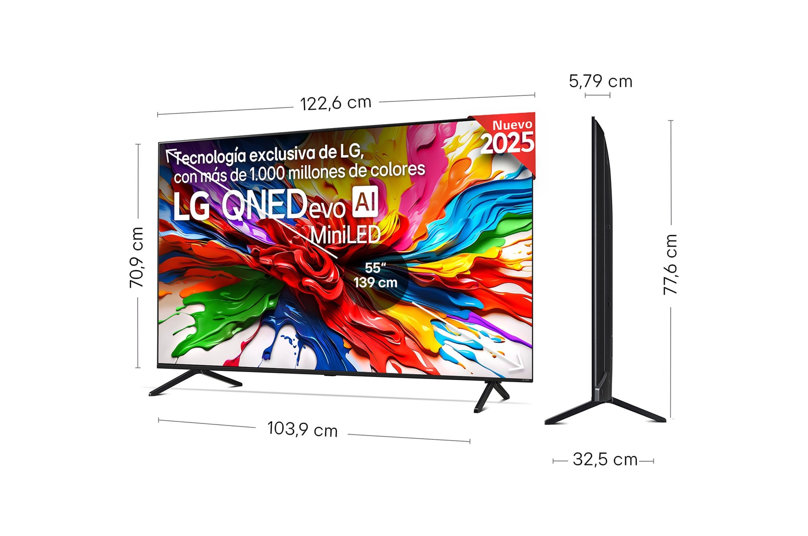 Slightly-angled right-facing side view of LG QNED evo TV.