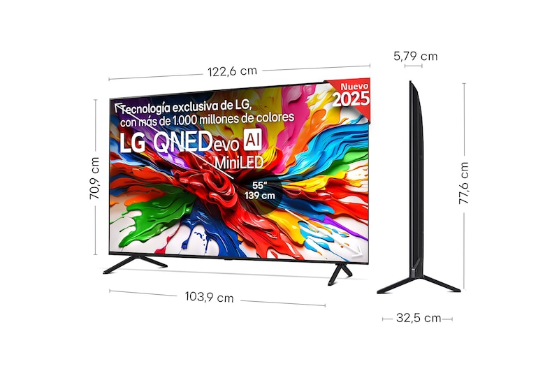Slightly-angled right-facing side view of LG QNED evo TV.