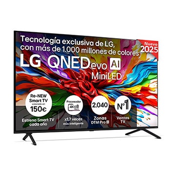 Vista frontal de Smart TV LG QNED evo MiniLED AI QNED92 85 pulgadas 4K 2025 85QNED92A6A