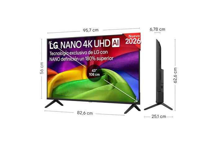 LG NANO 4K UHD AI NU80 shown in front and side views highlights a 43-inch display with a 957 mm-wide screen, 560 mm screen height, 626 mm height with stand, a 67.8 mm profile depth, and a stand footprint measuring 826 by 251 mm.