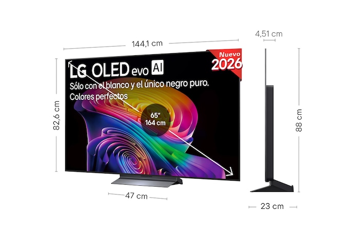 LG OLED evo AI C6 shown in front and side views highlights a 55-inch display with a 1222 mm-wide screen, an overall height of 703 mm, and an ultra-slim 45.1 mm depth without a stand.