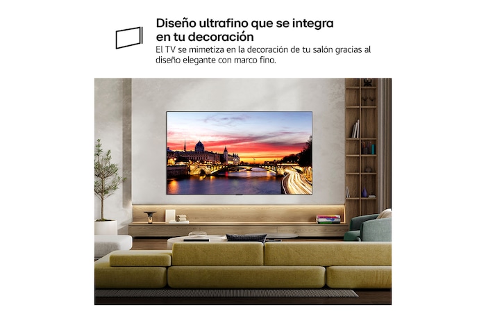 LG OLED evo AI C6 is wall-mounted in a styled living space, featuring an ultra-slim design with narrow bezels, and it displays a riverside cityscape at sunset on screen.