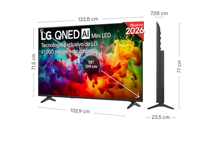 LG QNED AI QNED70 Mini LED shown in front and side views highlights a 43-inch display with a 959 mm-wide screen, 563 mm screen height, 618 mm height with stand, a 70.8 mm profile depth, and a stand footprint measuringLG QNED AI QNED70 Mini LED shown in front and side views highlights a 55-inch display with a 1228 mm-wide screen, 715 mm screen height, 776 mm height with stand, a 70.8 mm profile depth, and a stand footprint measuring 989 by 230 mm. 792 by 200 mm.