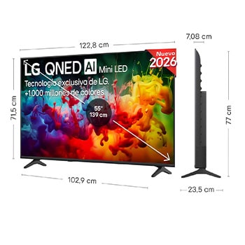 LG QNED AI QNED70 Mini LED shown in front and side views highlights a 43-inch display with a 959 mm-wide screen, 563 mm screen height, 618 mm height with stand, a 70.8 mm profile depth, and a stand footprint measuringLG QNED AI QNED70 Mini LED shown in front and side views highlights a 55-inch display with a 1228 mm-wide screen, 715 mm screen height, 776 mm height with stand, a 70.8 mm profile depth, and a stand footprint measuring 989 by 230 mm. 792 by 200 mm.