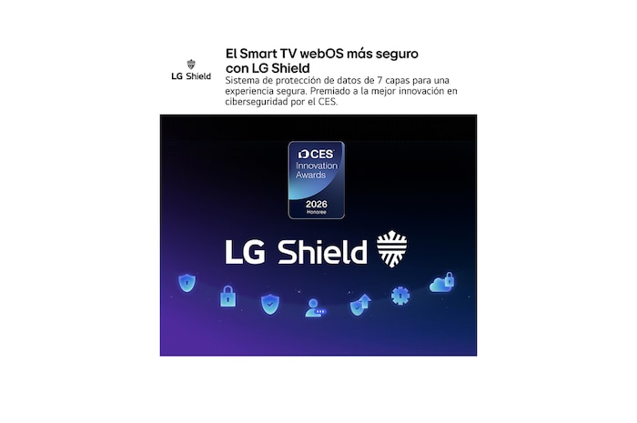 LG Shield, applied to LG QNED AI QNED70 Mini LED, is shown with an LG Shield logo at the center, security icons below, and a 2026 CES Innovation Awards Honoree badge above, representing data and system protection.