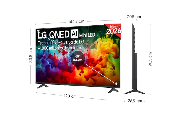 LG QNED AI QNED70 Mini LED shown in front and side views highlights a 65-inch display with a 1447 mm-wide screen, 838 mm screen height, 901 mm height with stand, a 70.8 mm profile depth, and a stand footprint measuring 1185 by 269 mm.