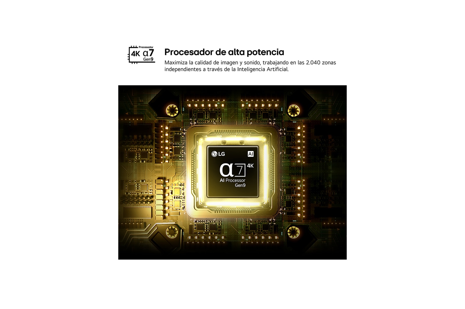 LG QNED AI QNED70 Mini LED’s alpha 7 AI Processor 4K Gen9 glows at the center of a yellow circuit board, highlighting smarter, more powerful AI processing that enhances 4K image clarity with improved contrast and depth.