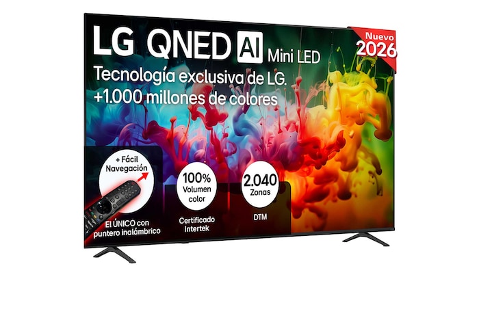 The front view of LG QNED AI QNED70 Mini LED, released in 2026, fills the screen with vivid, fluid splashes of multicolored motion, as finely layered colors disperse smoothly across the display.