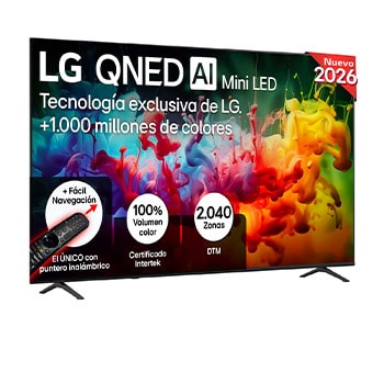 The front view of LG QNED AI QNED70 Mini LED, released in 2026, fills the screen with vivid, fluid splashes of multicolored motion, as finely layered colors disperse smoothly across the display.