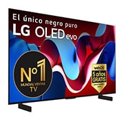 Vista frontal con la televisión LG OLED evo AI, la OLED C4, el emblema de la OLED número 1 del mundo durante 11 años y el logotipo del programa webOS Re:New en la pantalla