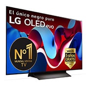 Vista frontal con la televisión LG OLED evo AI, la OLED C4, el logotipo de 11 años siendo el número 1 mundial de OLED y el logotipo del programa webOS Re:New en la pantalla, así como la Soundbar debajo