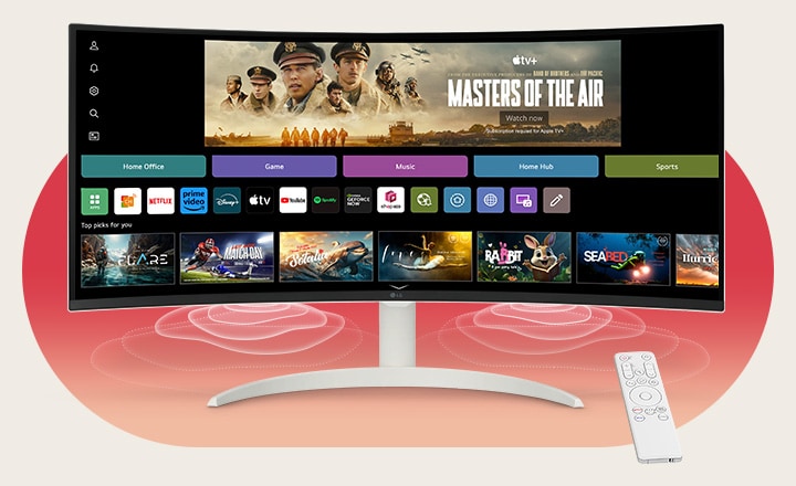 En la pantalla del monitor se muestra la interfaz de webOS. Del monitor salen ondas de sonido por los altavoces desde las esquinas del monitor, y en la parte inferior derecha hay un mando a distancia.