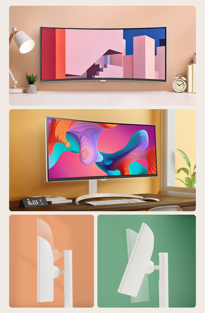 El producto tiene un borde delgado, y muestra la pantalla inclinada a un ángulo de 15º para proporcionar una vista lateral y enseñar la inclinación y altura.