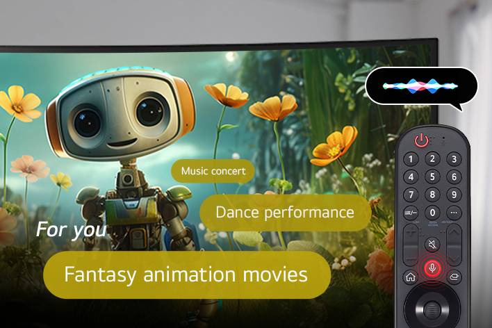 Hay una imagen que muestra fotos de películas en la pantalla después de buscar "Película de comedia romántica" usando el mando Magic Remote.