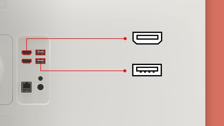En una vista de cerca de la parte trasera del monitor, hay dos puertos HDMI, dos puertos USB y un puerto USB Tipo C.