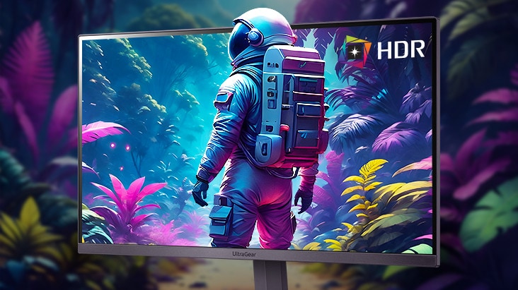 Una imagen de un astronauta en un monitor con colores tridimensionales y dinámicos.