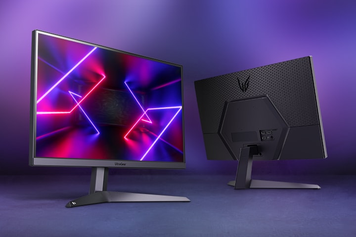 Dos imágenes del monitor que muestran la parte delantera y trasera del monitor.