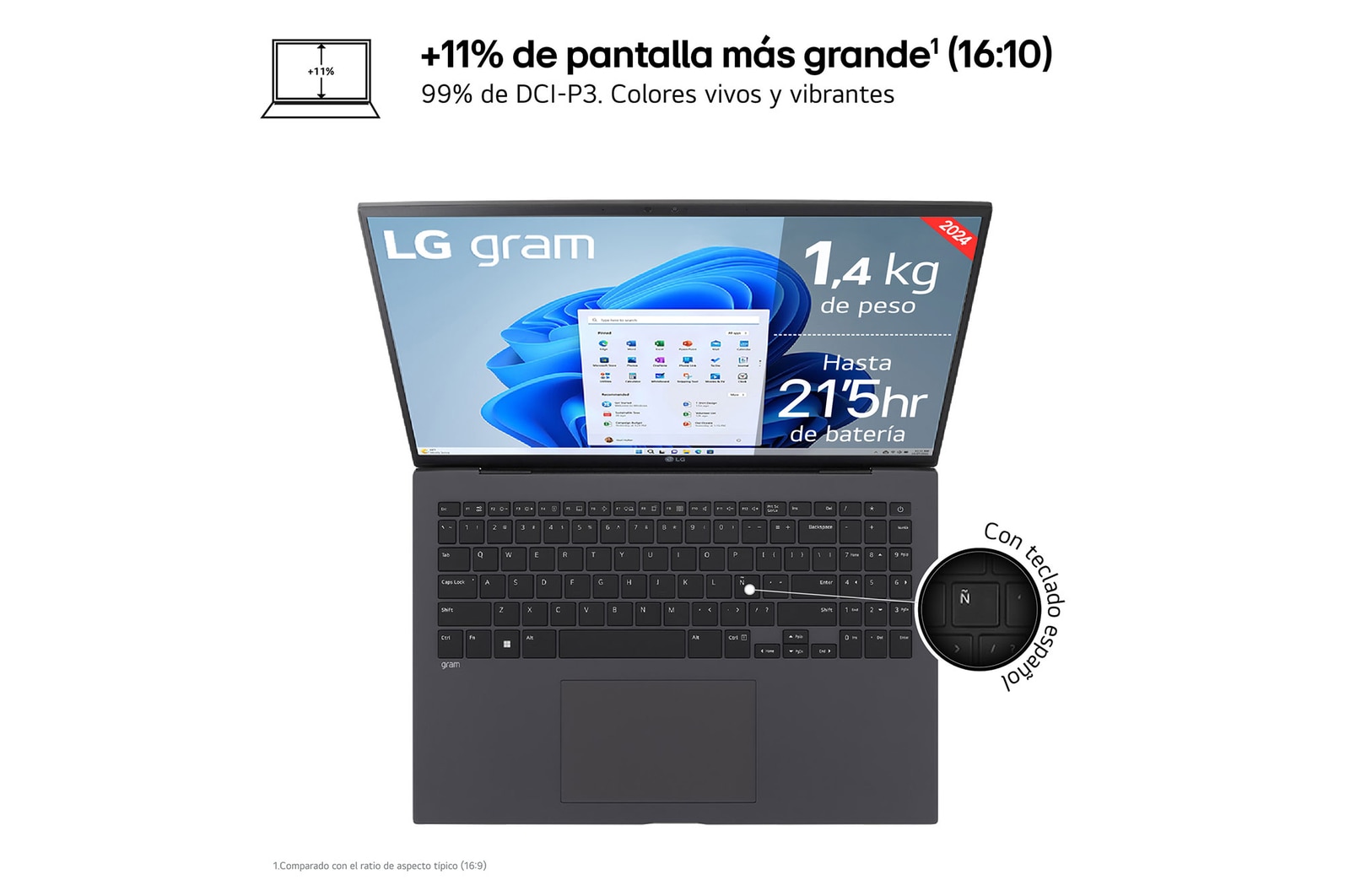 LG gram 17Z90S - Portátil ultraligero de 43.1 cm (17") 2560x1600, Panel IPS Antirreflejo, Intel® Core™ Ultra 7, 16 GB RAM, 1TB SSD, 1,350 g, batería hasta 21.5 horas, Windows 11 Home , Blanco Nieve, Teclado en Español