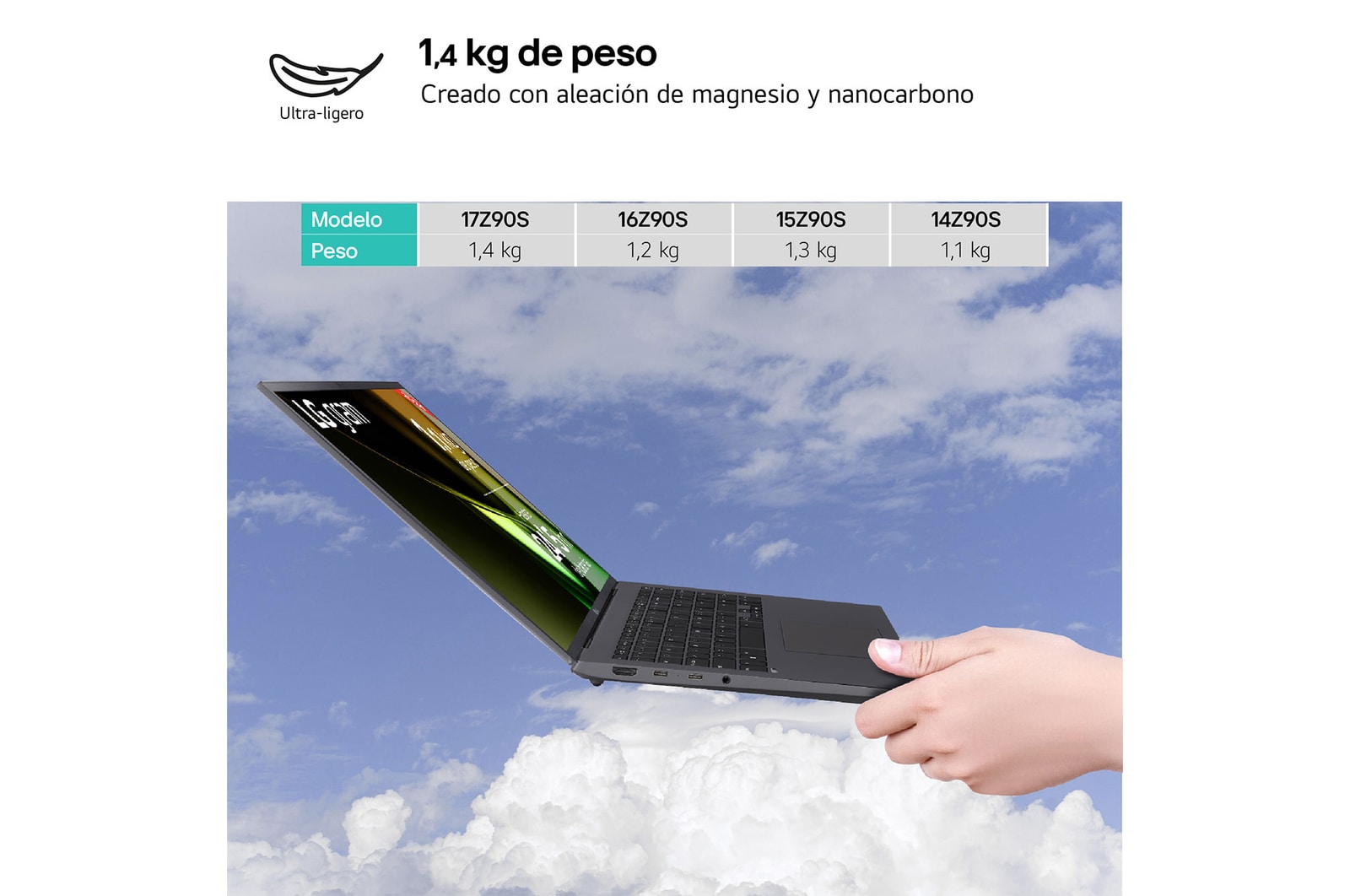 LG gram 17Z90S - Portátil ultraligero de 43.1 cm (17") 2560x1600, Panel IPS Antirreflejo, Intel® Core™ Ultra 7, 16 GB RAM, 1TB SSD, 1,350 g, batería hasta 21.5 horas, Windows 11 Home , Blanco Nieve, Teclado en Español