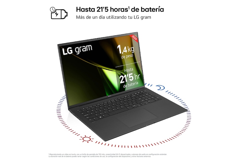 LG gram 17Z90S - Portátil ultraligero de 43.1 cm (17") 2560x1600, Panel IPS Antirreflejo, Intel® Core™ Ultra 7, 16 GB RAM, 1TB SSD, 1,350 g, batería hasta 21.5 horas, Windows 11 Home , Blanco Nieve, Teclado en Español