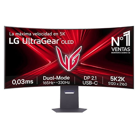 LG Monitor Gaming OLED LG UltraGear, 45", OLED 5K2K WQHD (5121x2160), DualMode (165/330Hz), 0,03 ms, 21:9, Curvo 800R, 45GX950A-B