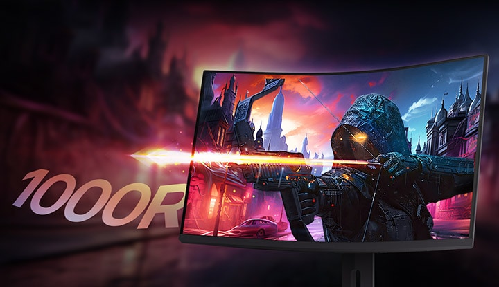 Side view of a monitor with a gaming archer character on the screen image.