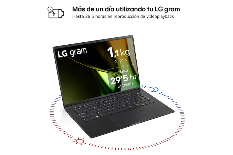 LG Portátil 14 LG gram 14Z90S, Windows 11 Home, Intel® Core™ Ultra 7, 32 GB RAM , 1TB SSD, Pantalla IPS 1920x1200,ligero, , 29.5 horas, AI,Negro Obsidiana, 14Z90S-G.AD78B