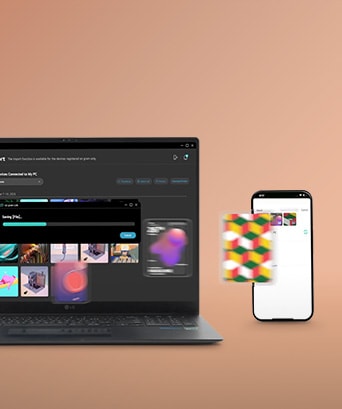 Esta imagen muestra un portátil y un smartphone compartiendo archivos de forma inalámbrica. La pantalla del portátil muestra una ventana con el progreso de la transferencia de archivos, mientras que la pantalla del smartphone muestra una galería con los archivos recibidos. Un icono de archivo borroso y colorido aparece en medio de la transferencia, ilustrando el proceso de intercambio inalámbrico.