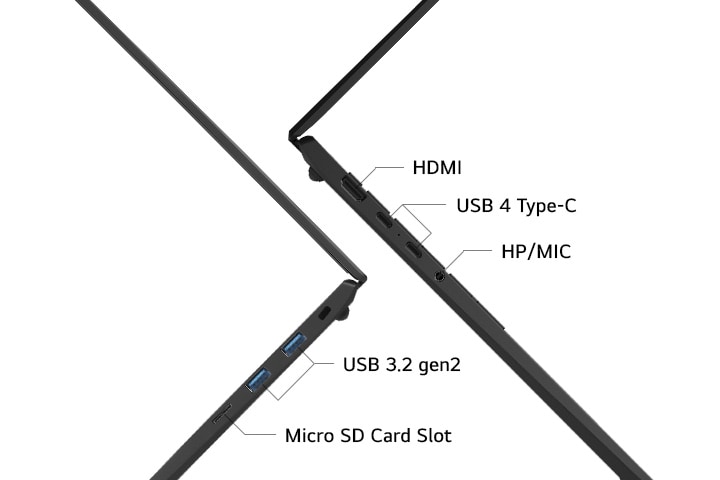 La imagen destaca los puertos laterales de un portátil, incluidos un HDMI 2.1, dos USB 4 (Thunderbolt™ 4), dos USB 3.2 gen2, toma de auriculares/micrófono 3.5mm y una ranura para tarjetas Micro SD. Muestra las versátiles opciones de conectividad del portátil.