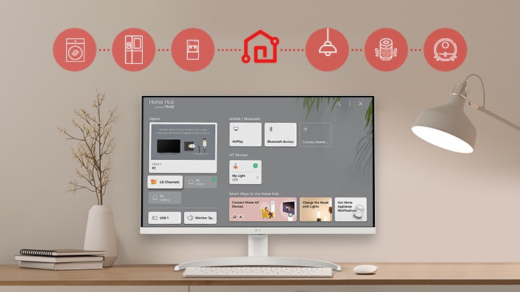 En la pantalla del producto se muestra el panel de control, y en la parte de arriba de la imagen salen imágenes de electrodomésticos como lavadoras, neveras, aspiradoras, etc., que se pueden controlar a través de la aplicación LG ThinQ.