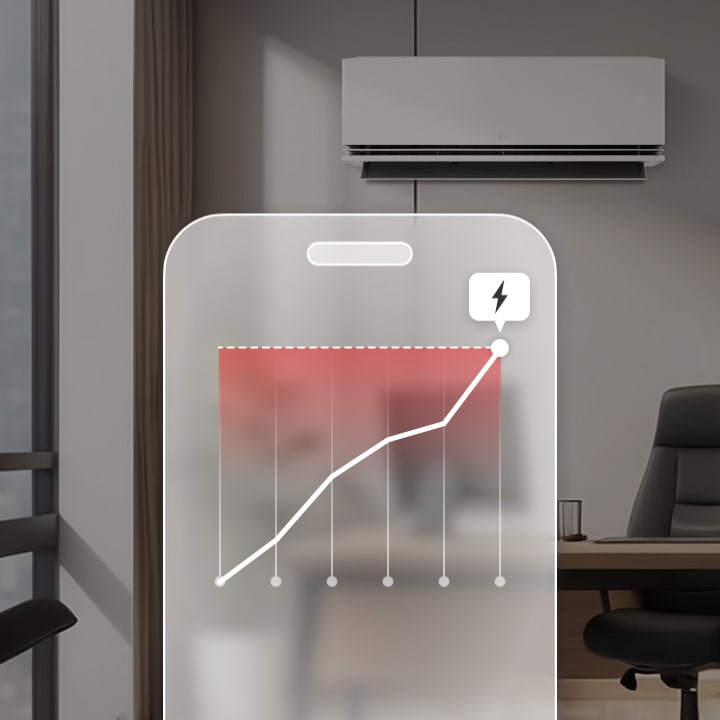 El aire acondicionado LG con kW Manager envía alertas a través de la app LG ThinQ cuando se alcanza el límite máximo de potencia establecido por el usuario.