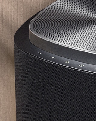 Primer plano del altavoz LG Sound Suite con diseño premium en plata metalizada y negro.